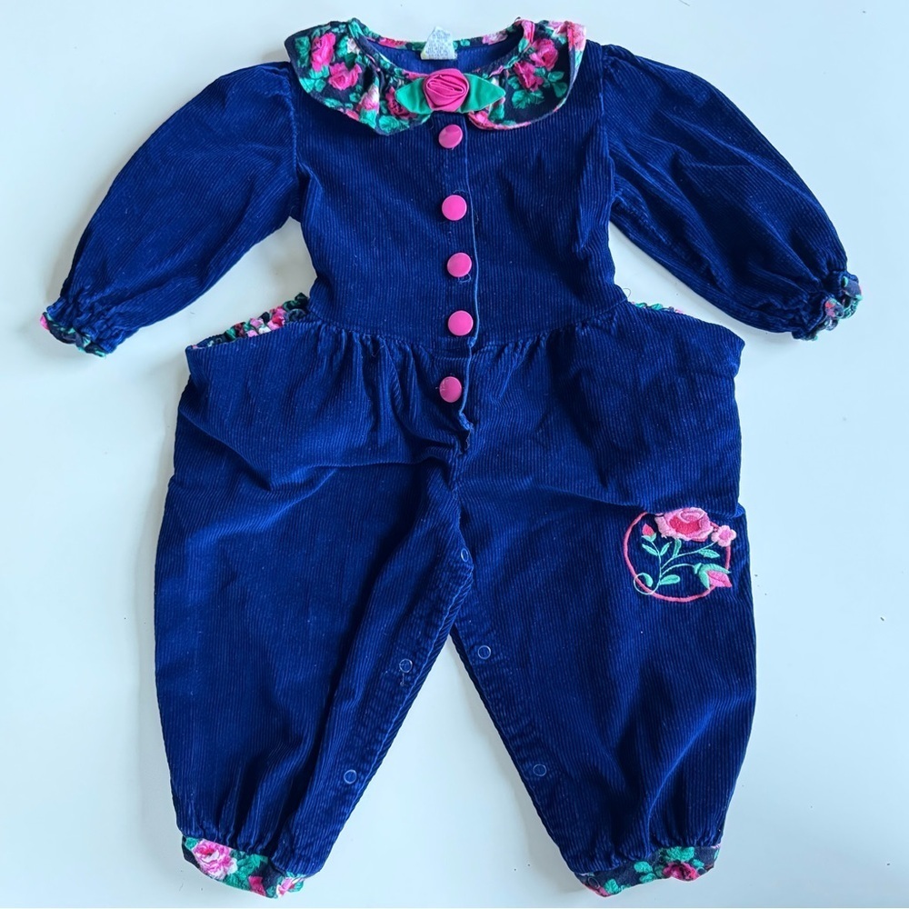 Vintage 80s 90s Blue Corduroy Floral Collar Jumper Romper Outfit Toddler 2T